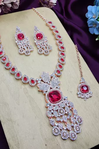 Pink rose gold premium designer american diamond and stone work necklace set