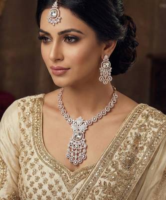 White rose gold premium designer american diamond and stone work necklace set 1