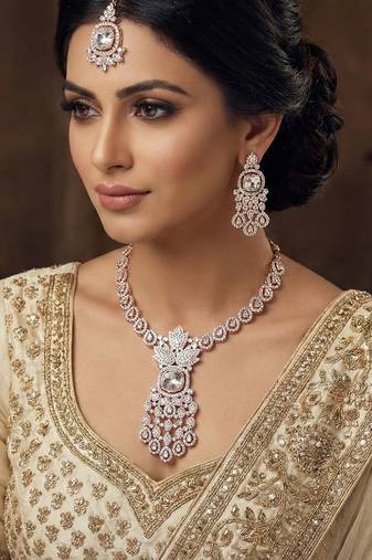 White rose gold premium designer american diamond and stone work necklace set
