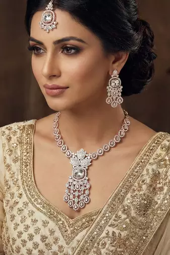 White rose gold premium designer american diamond and stone work necklace set