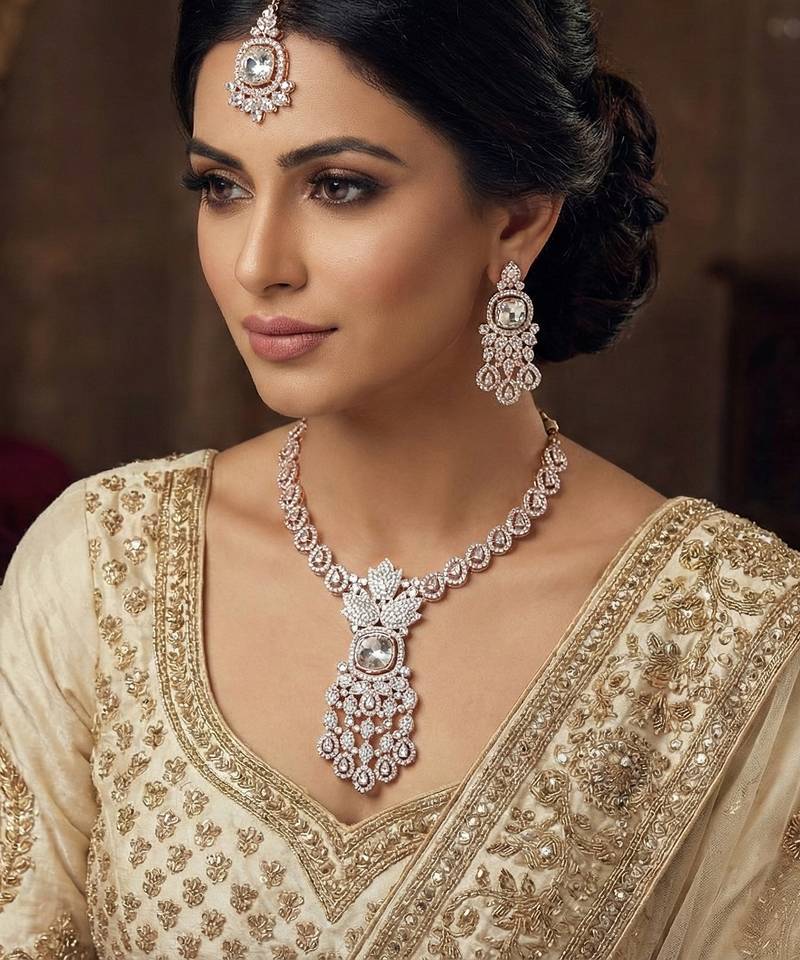 White rose gold premium designer american diamond and stone work necklace set