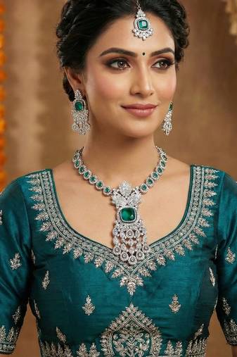 Green rhodium premium designer american diamond and stone work necklace set