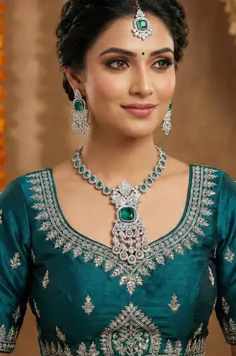 Green rhodium premium designer american diamond and stone work necklace set