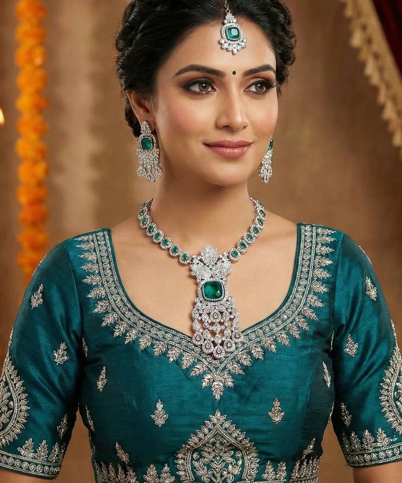 Green rhodium premium designer american diamond and stone work necklace set