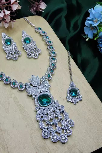 Green rhodium premium designer american diamond and stone work necklace set