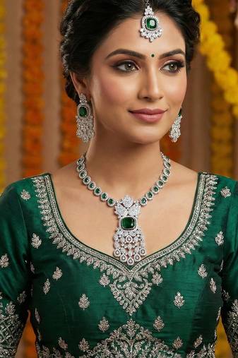 Green rhodium premium designer american diamond and stone work necklace set