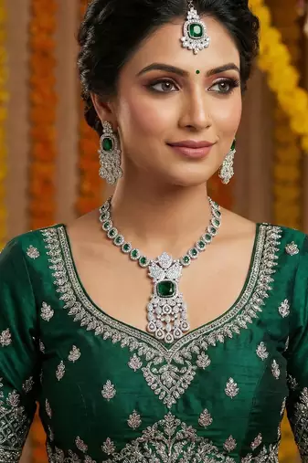 Green rhodium premium designer american diamond and stone work necklace set