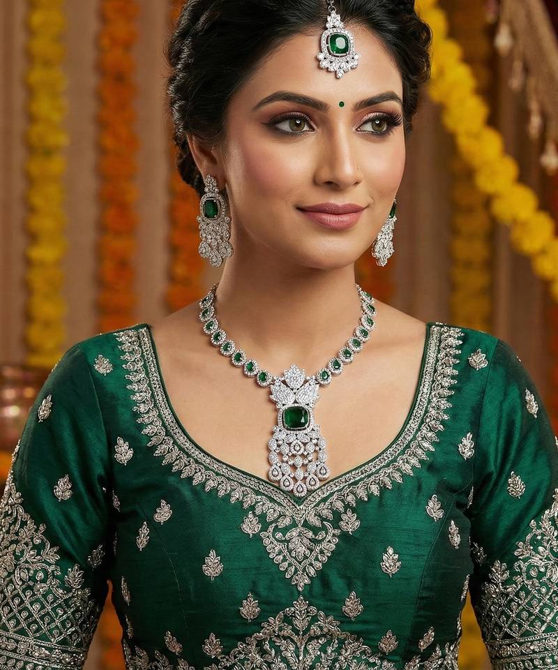 Green rhodium premium designer american diamond and stone work necklace set