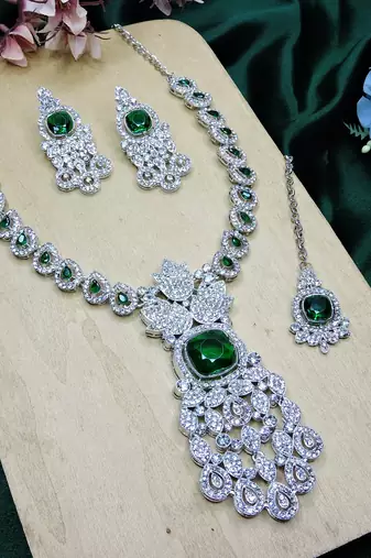 Green rhodium premium designer american diamond and stone work necklace set