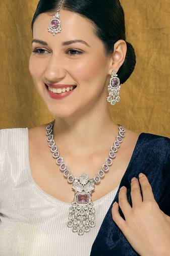Purple rhodium premium designer american diamond and stone work necklace set