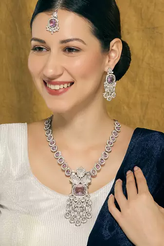 Purple rhodium premium designer american diamond and stone work necklace set