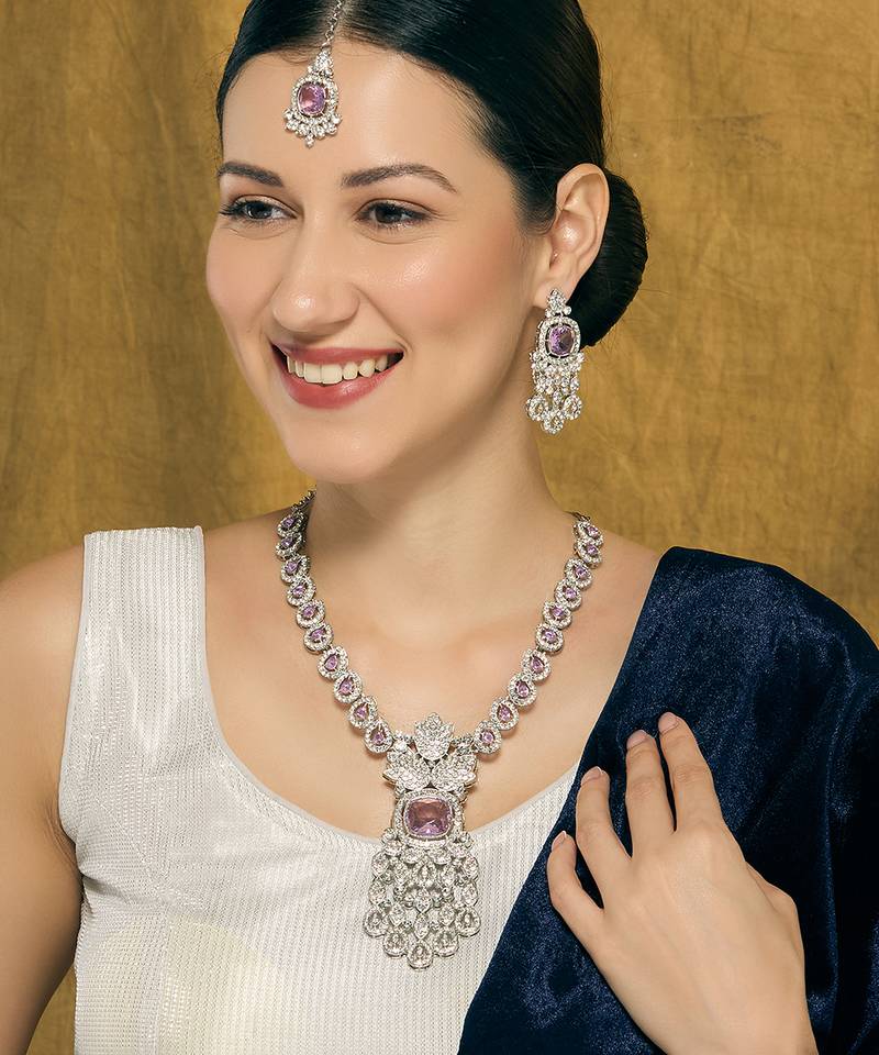 Purple rhodium premium designer american diamond and stone work necklace set