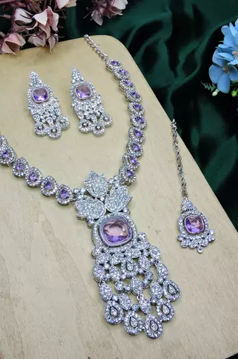 Purple rhodium premium designer american diamond and stone work necklace set