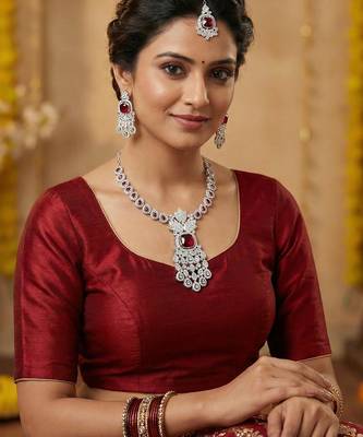 Maroon rhodium premium designer american diamond and stone work necklace set 1
