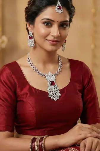 Maroon rhodium premium designer american diamond and stone work necklace set