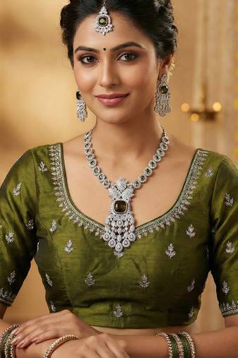 Green rhodium premium designer american diamond and stone work necklace set