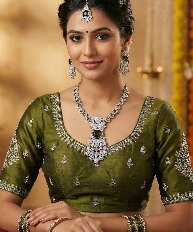 Green rhodium premium designer american diamond and stone work necklace set
