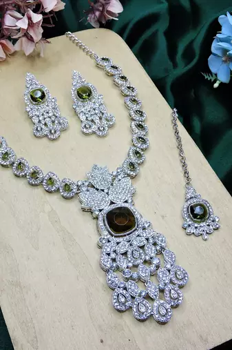 Green rhodium premium designer american diamond and stone work necklace set