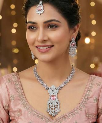 Pink rhodium premium designer american diamond and stone work necklace set 1
