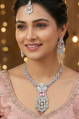 Pink rhodium premium designer american diamond and stone work necklace set