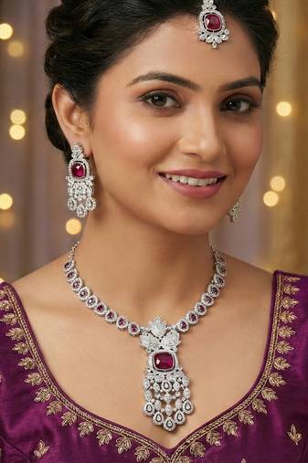 Purple rhodium premium designer american diamond and stone work necklace set
