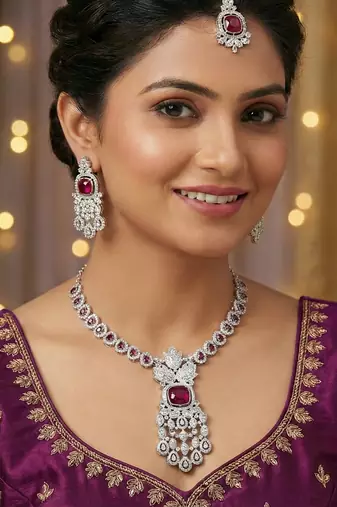 Purple rhodium premium designer american diamond and stone work necklace set