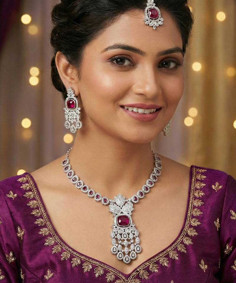 Purple rhodium premium designer american diamond and stone work necklace set
