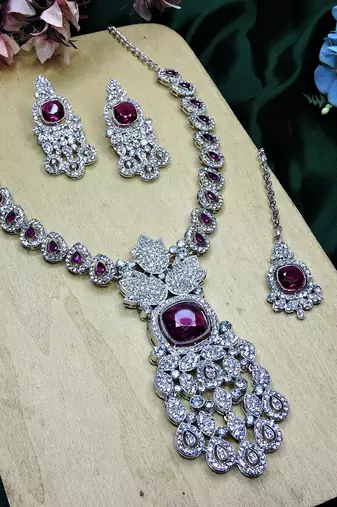 Purple rhodium premium designer american diamond and stone work necklace set
