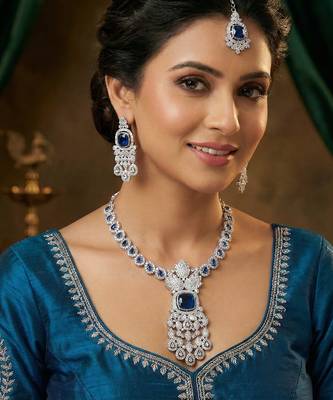 Blue rhodium premium designer american diamond and stone work necklace set 1