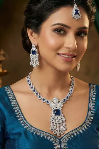 Blue rhodium premium designer american diamond and stone work necklace set