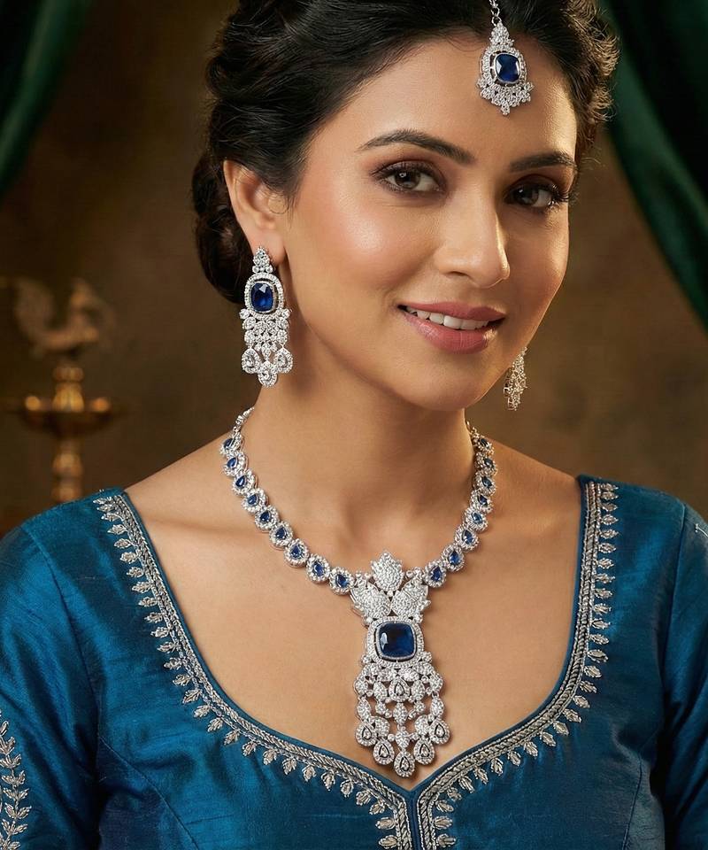 Blue rhodium premium designer american diamond and stone work necklace set