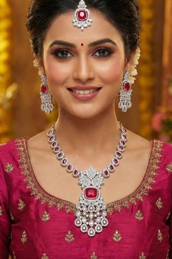 Pink rhodium premium designer american diamond and stone work necklace set