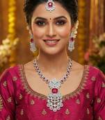 Pink rhodium premium designer american diamond and stone work necklace set