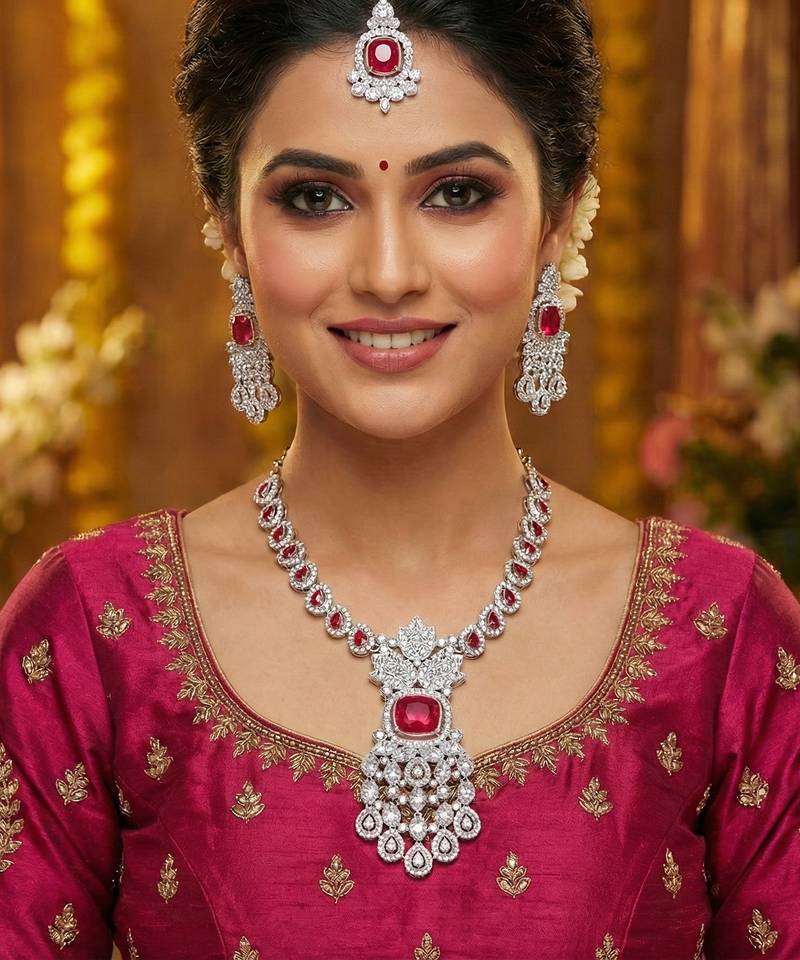 Pink rhodium premium designer american diamond and stone work necklace set