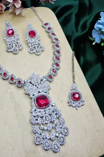 Pink rhodium premium designer american diamond and stone work necklace set