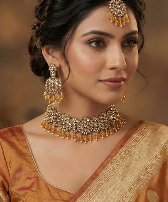 Gold yellow gold premium designer american diamond and stone work necklace set 1