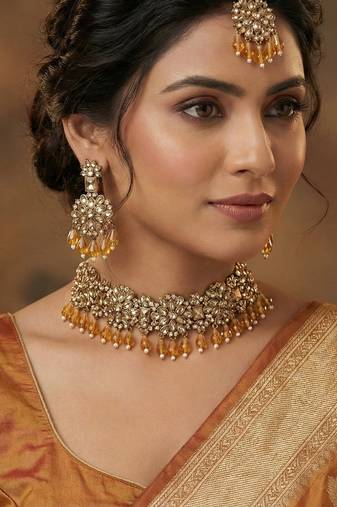 Gold yellow gold premium designer american diamond and stone work necklace set