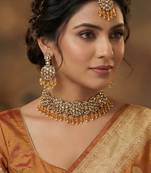 Gold yellow gold premium designer american diamond and stone work necklace set