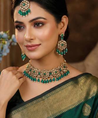 Green yellow gold premium designer american diamond and stone work necklace set 1