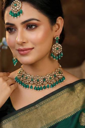 Green yellow gold premium designer american diamond and stone work necklace set
