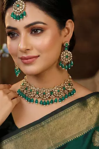 Green yellow gold premium designer american diamond and stone work necklace set