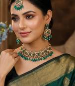 Green yellow gold premium designer american diamond and stone work necklace set