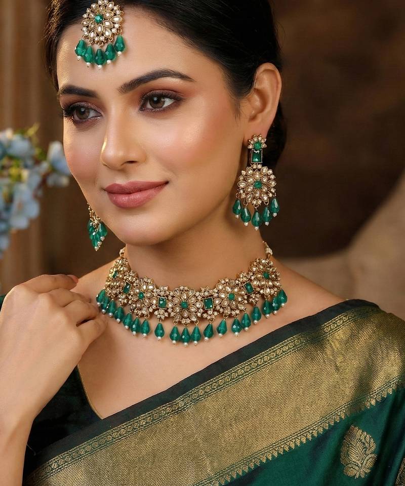 Green yellow gold premium designer american diamond and stone work necklace set