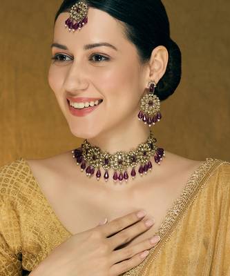 Purple yellow gold premium designer american diamond and stone work necklace set 1
