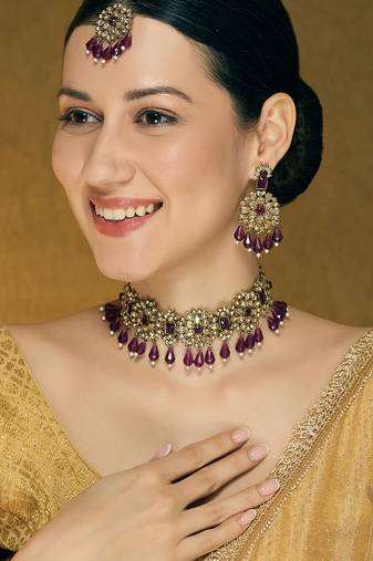 Purple yellow gold premium designer american diamond and stone work necklace set