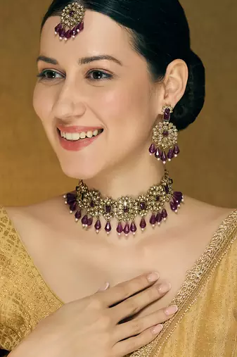 Purple yellow gold premium designer american diamond and stone work necklace set