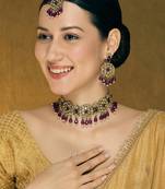 Purple yellow gold premium designer american diamond and stone work necklace set