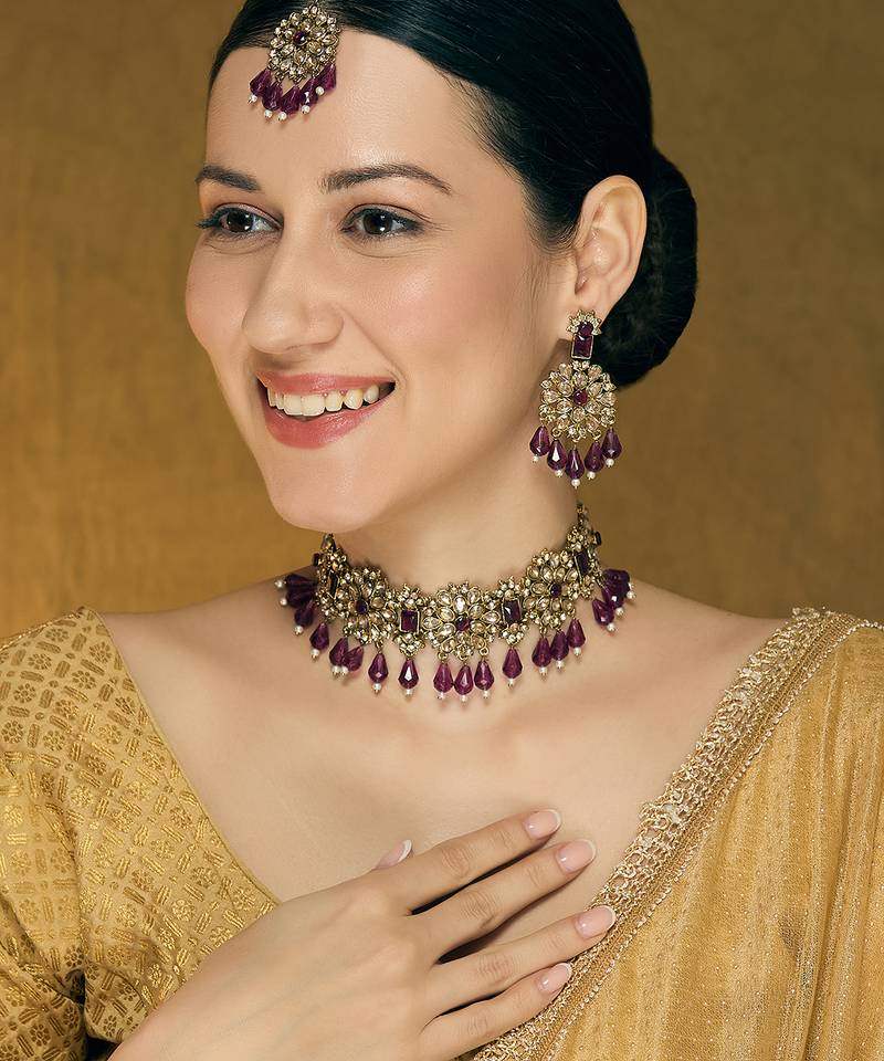 Purple yellow gold premium designer american diamond and stone work necklace set