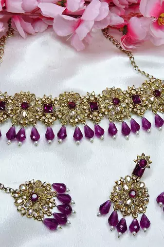Purple yellow gold premium designer american diamond and stone work necklace set