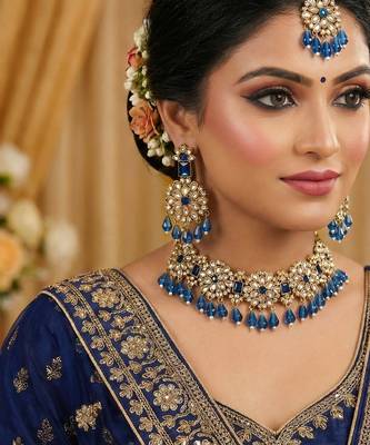 Blue yellow gold premium designer american diamond and stone work necklace set 1